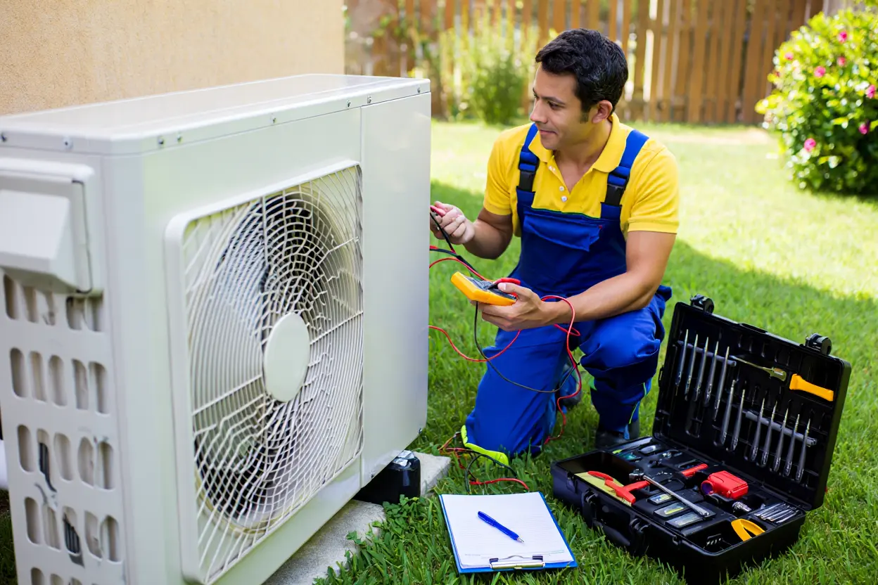 Technicien inspectant une pompe à chaleur