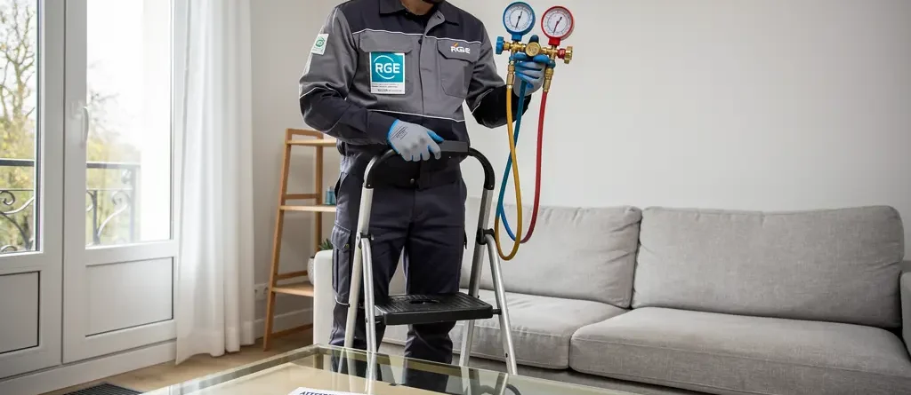 Technicien effectuant l'entretien d'une climatisation