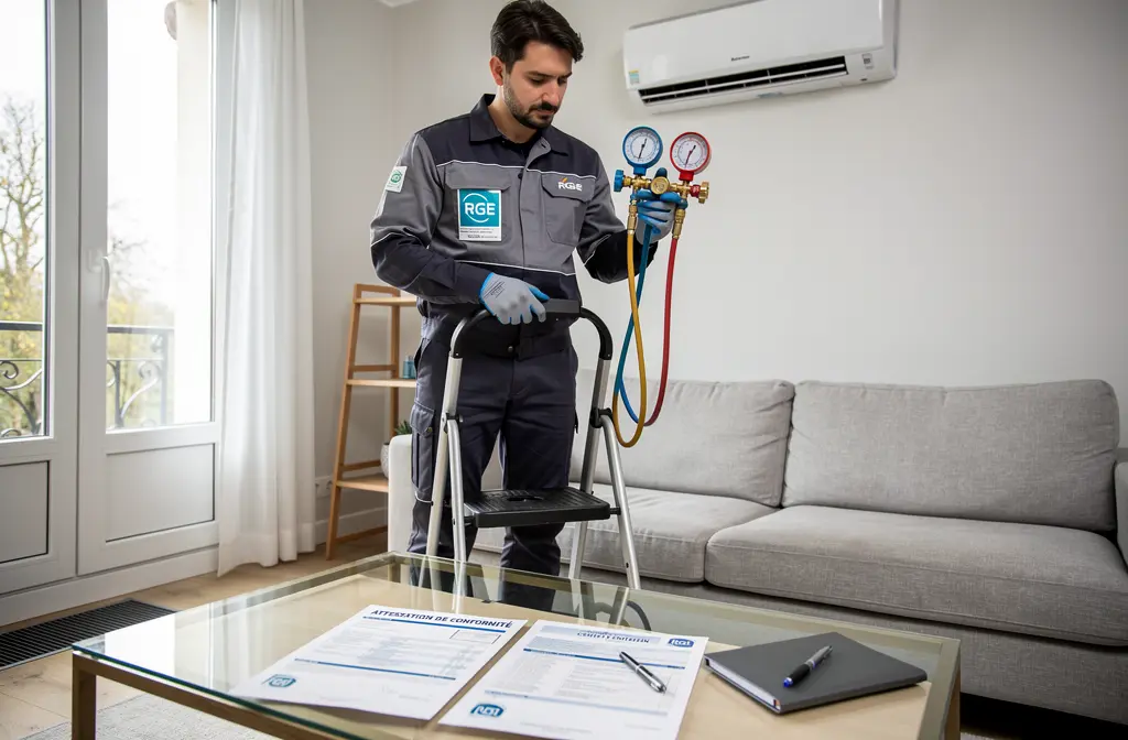 Technicien effectuant l'entretien d'une climatisation