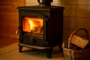 Poêle à bois en fonte avec bûches de chauffage
