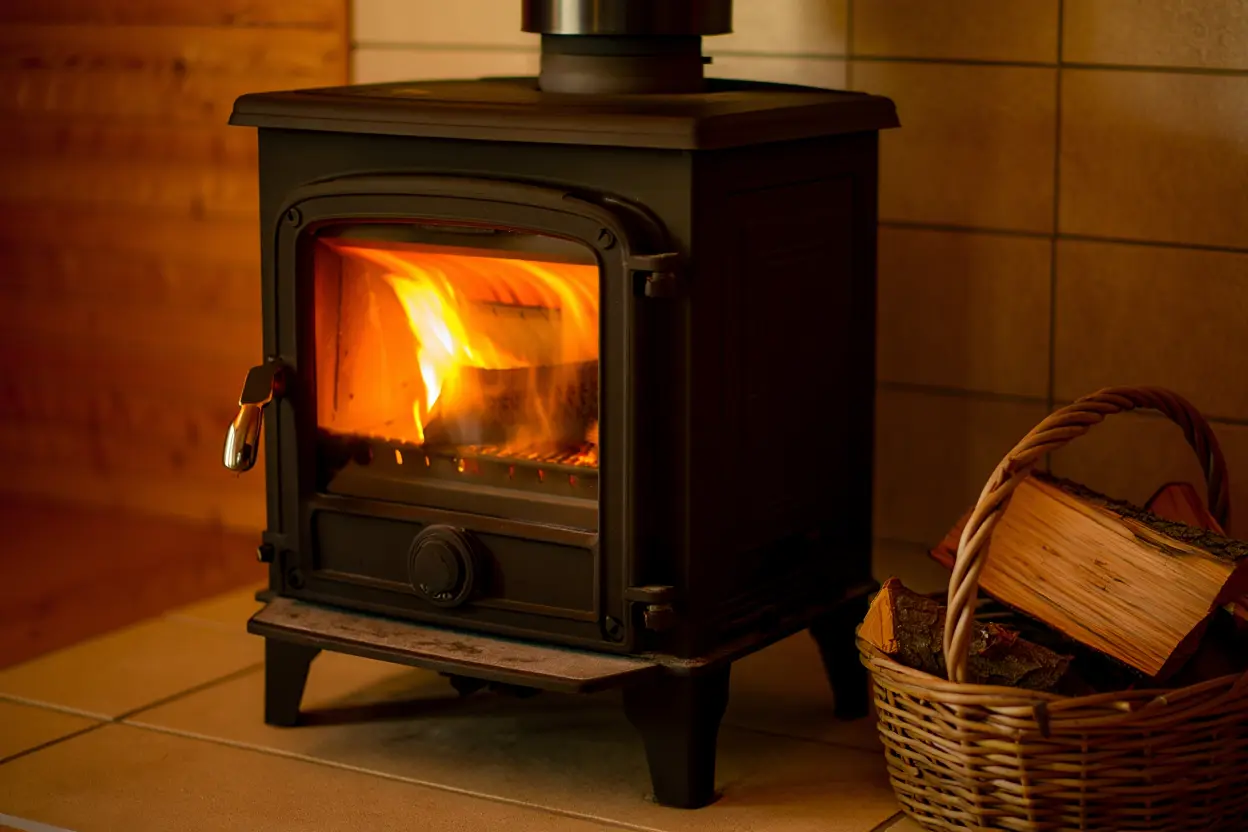 Poêle à bois en fonte avec bûches de chauffage