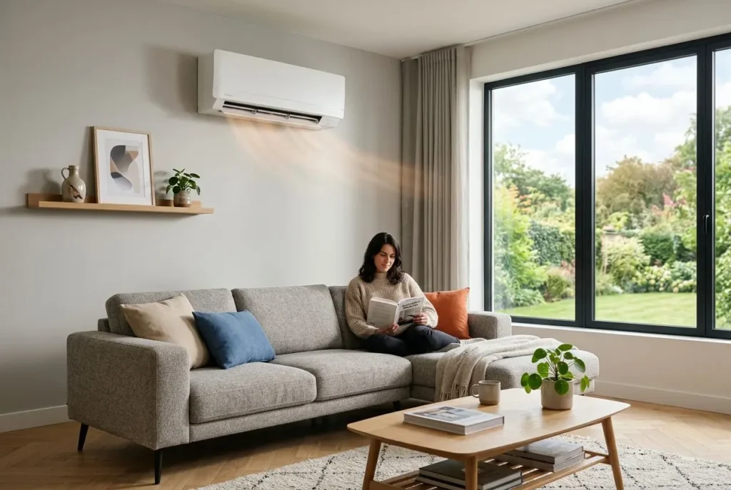 Unité intérieure de pompe à chaleur dans un salon