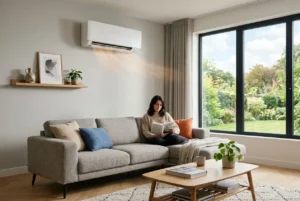 Unité intérieure de pompe à chaleur dans un salon